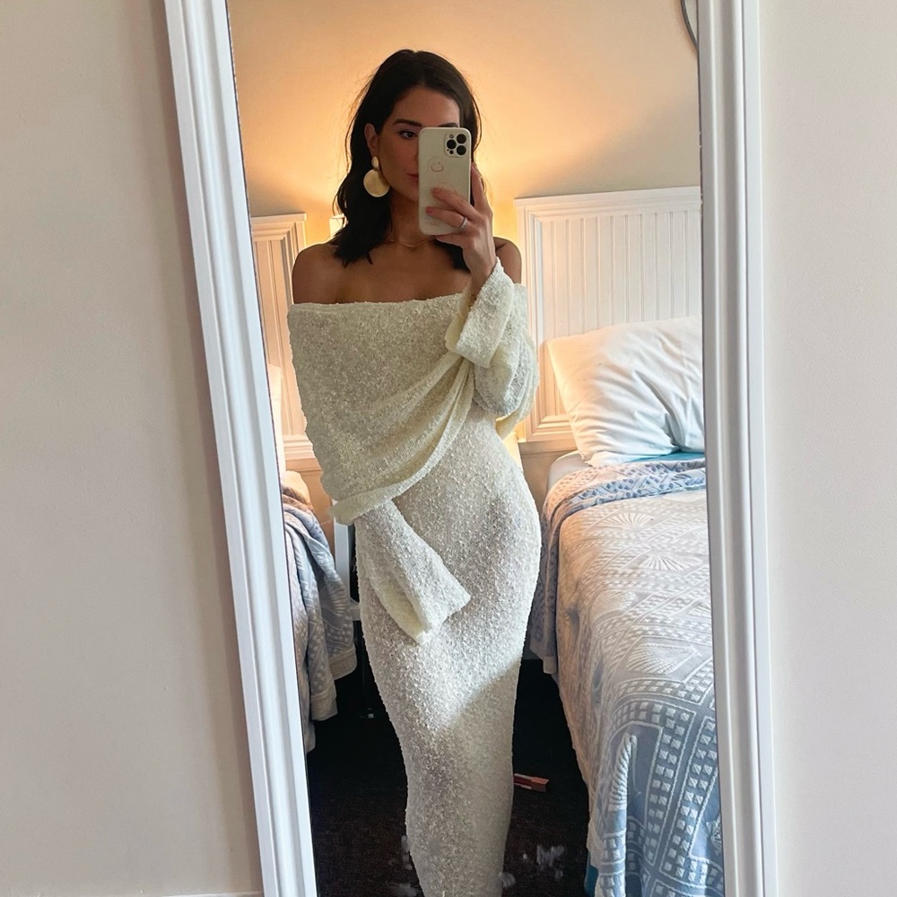 Marisol Off Shoulder Boucle Maxi Dress Ivory